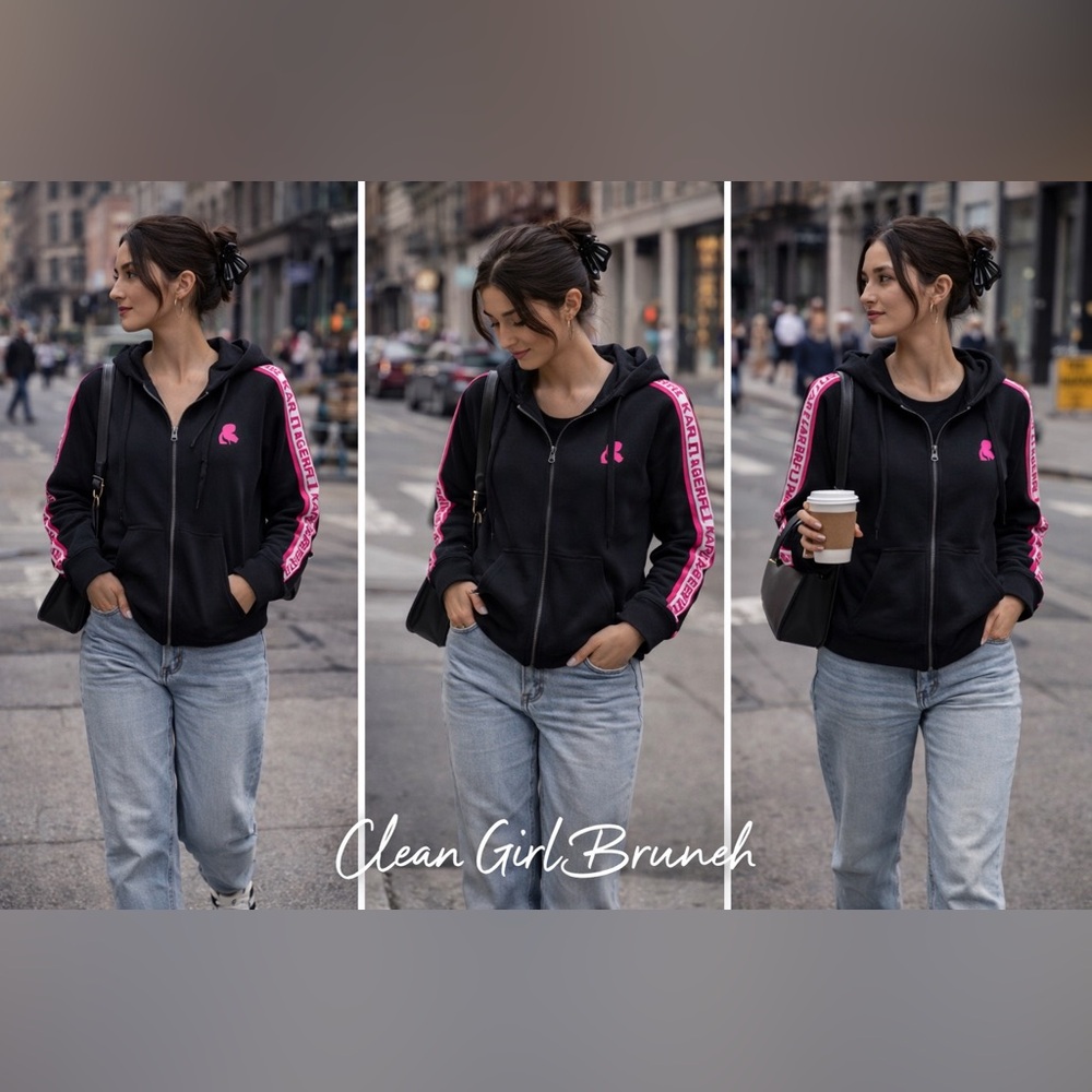 Karl Lagerfeld Black logo tape Zip hoodie with Pink Stripes M